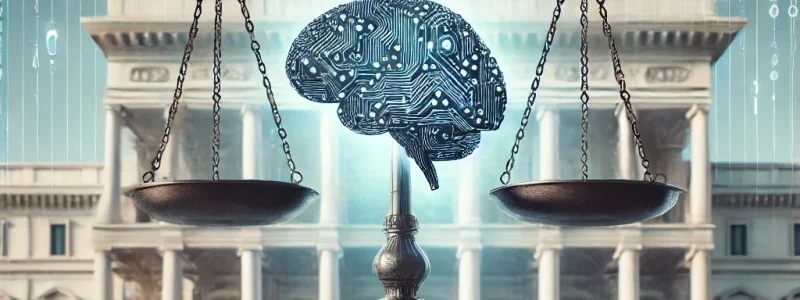 DALL·E 2025-03-21 14.14.53 - A symbolic representation of artificial intelligence legislation in Italy_ a digital balance scale with one side holding an AI brain made of circuits